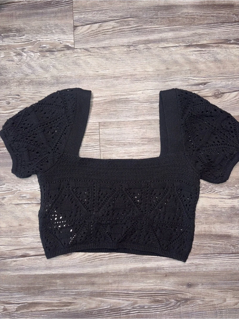 ZARA Black Crochet Square-Neck Crop Top with Puff Sleeves